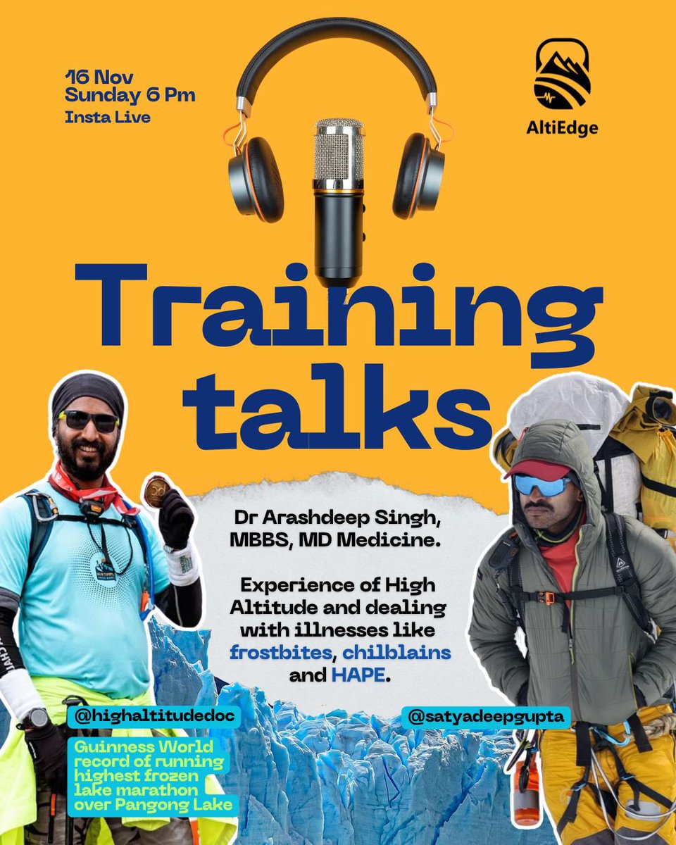 HighAltitudeDoc's tweet image. I have spent a considerable amount of time in high altitude. Be it climbing mountains, running ultramarathons or treating high altitude illnesses, I have seen it all. 

Together with altiedge, this Sunday I will be in chat with Satyadeep - legendary mountaineer and a world record…