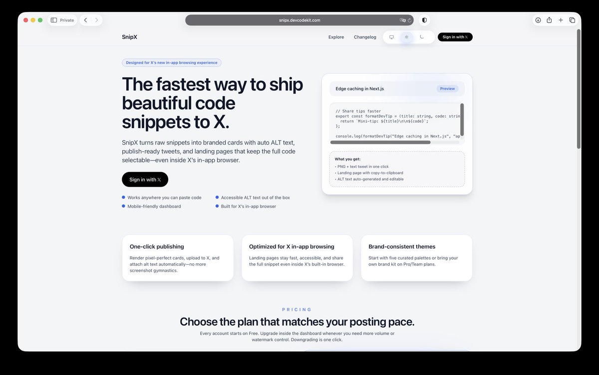 SnipX_app's tweet image. Ship snippets, not pixels. SnipX gives you syntax, themes, and one-click publish to X.