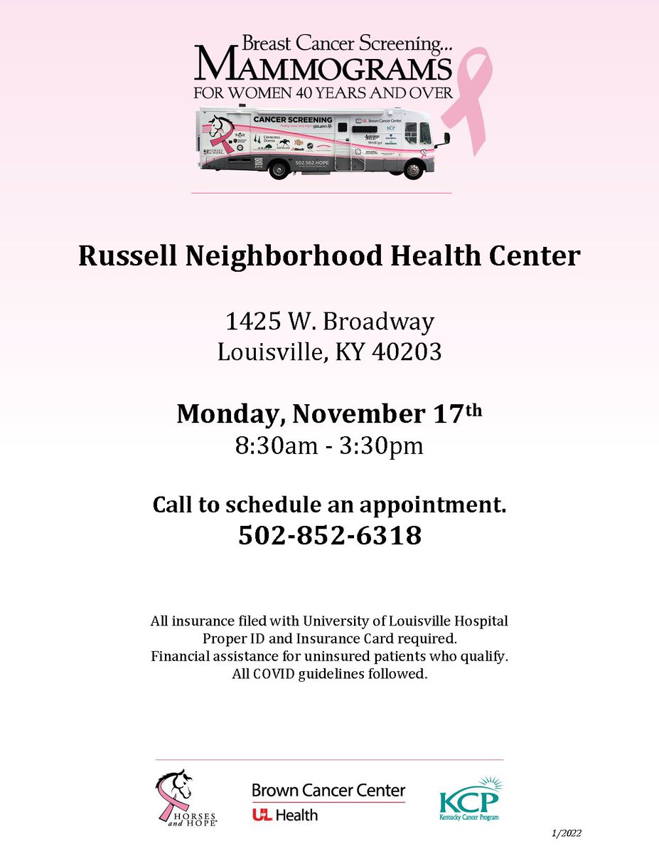 KyCancerProgram's tweet image. Mobile Mammogram Screening

Monday, November 17 | 8:30 AM-3:30 PM
Russell Neighborhood Health Center | 1425 W. Broadway

Call 502-852-6318 to schedule an appointment.