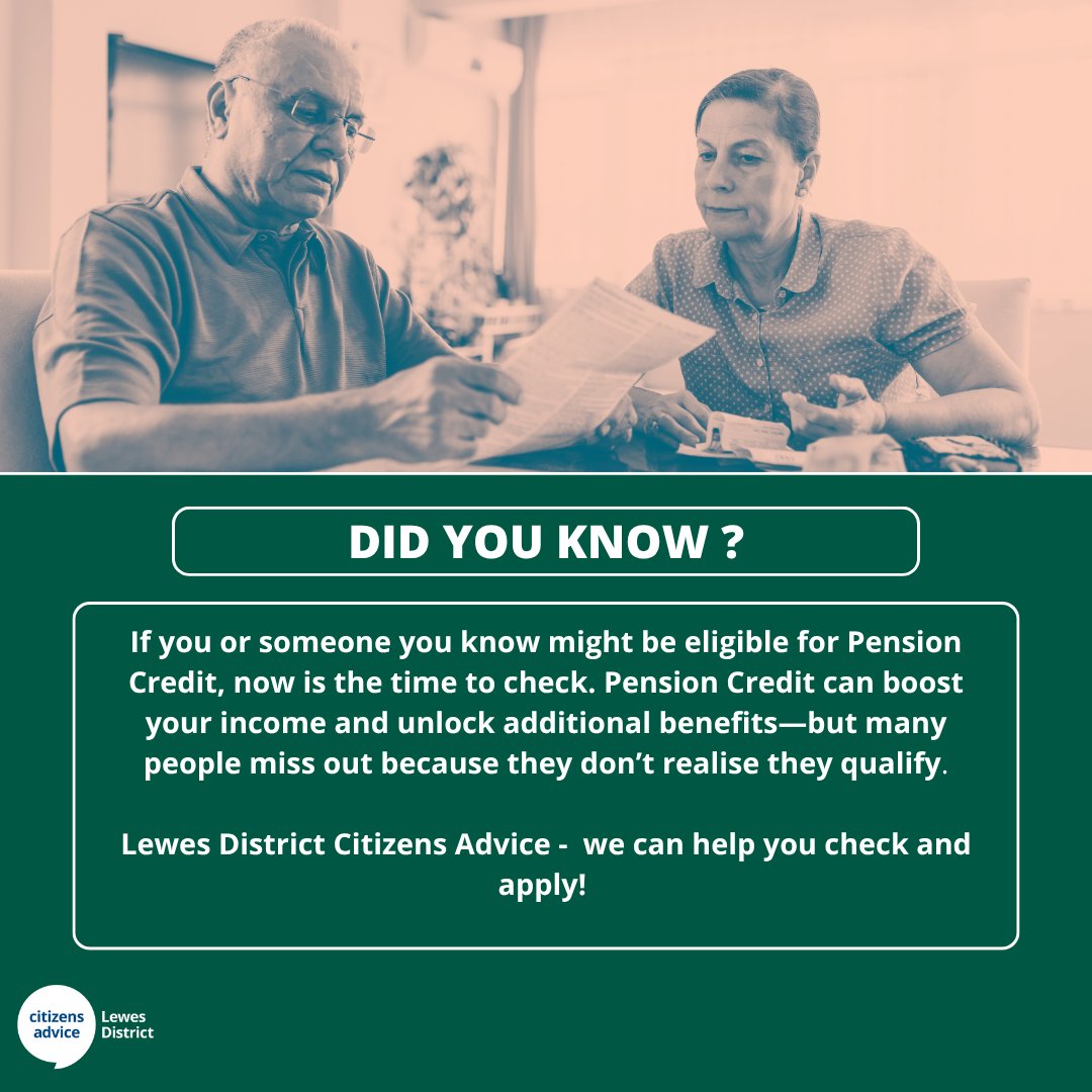 Could you be missing out on Pension Credit? We can help!

✅ Check your eligibility
✅ Get support with applications
✅Our trained advisors make sure you’re receiving everything you’re entitled to

📞 Freephone: 0808 278 7892 (Tue–Thu, 10am–3pm)
🌐 Or lewesdistrictca.org.uk/contact-us