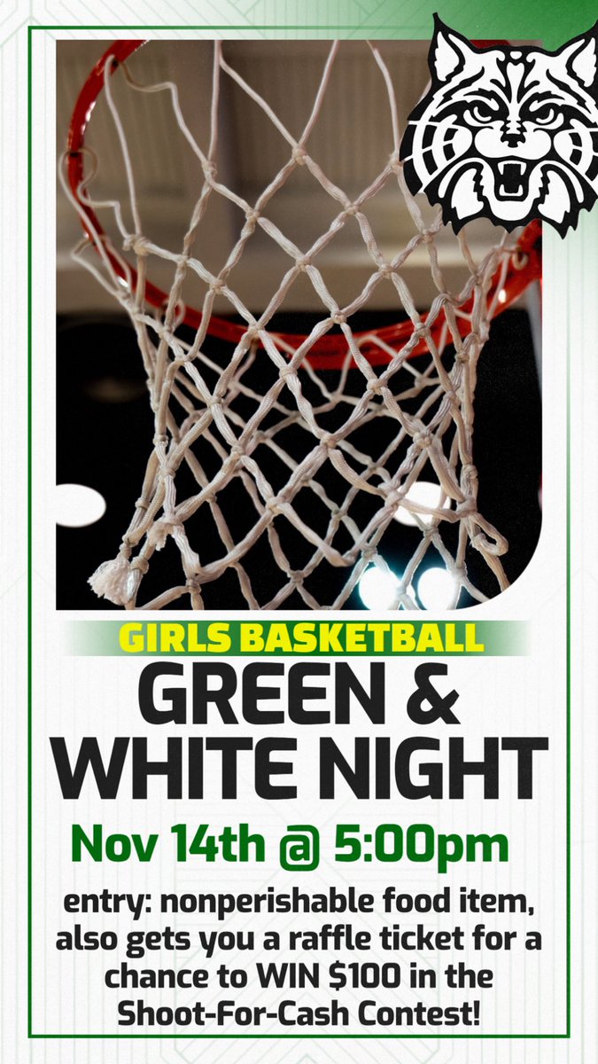 Come out to Green &amp; White Night at 5pm tonight and support the PCHS Girls Basketball team!! Bring at least 1 non-perishable food item to donate for entry. And also receive 1 raffle ticket for your chance to play Shoot-for-CASH and win up to $100!!