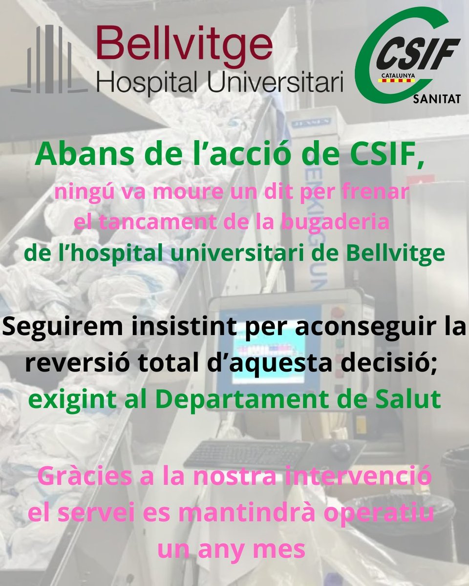 CSIF atura el tancament de la bugaderia de Bellvitge.

📣 Gràcies a la intervenció de CSIF, el servei continuarà obert un any més.
👉 Seguirem exigint la reversió TOTAL del tancament i pressionant el Departament de Salut perquè doni explicacions.
 csif.es/es/articulo/ca…