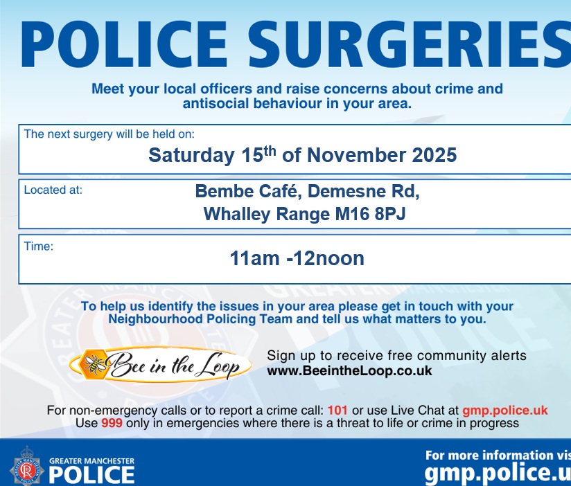 Come along tomorow and speak with your local neighbourhood officers about issues in the community that affect you!☕ 👮🏽 
Where: Bembe Cafe, Whalley Range between 11 and 12 noon