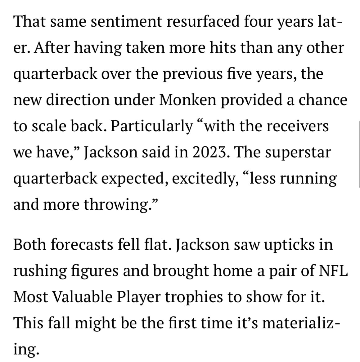 For years, there's been talk of Lamar Jackson running less and throwing more. This fall, it's actually happening.

“He adds more years to his longevity. He’s not relying on his legs to get him out of a lot of situations. He’s playing quarterback.”

✍🏻: tinyurl.com/3w9u6kba
