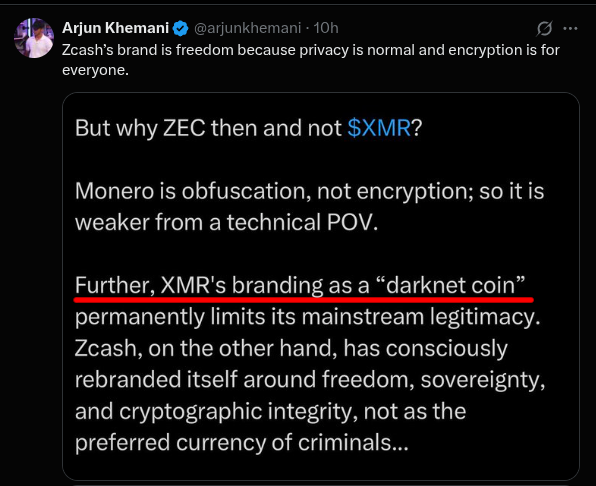 DontTraceMeBruh's tweet image. Zcashers are branding Monero as a &quot;darknet coin for criminals&quot; and then claiming its the Monero community who created this branding.

so lets debunk this braindead take