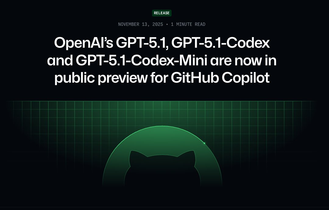 jialuogan's tweet image. 🚀 GPT‑5.1 models available in Copilot for Xcode!
Including GPT‑5.1, GPT‑5.1‑Codex, and GPT‑5.1‑Codex‑Mini—these models supercharge chat, agent workflows, and code generation. Plan, execute, and iterate faster in Xcode, JetBrains, Eclipse and more IDE!

#GitHubCopilot #Xcode #AI
