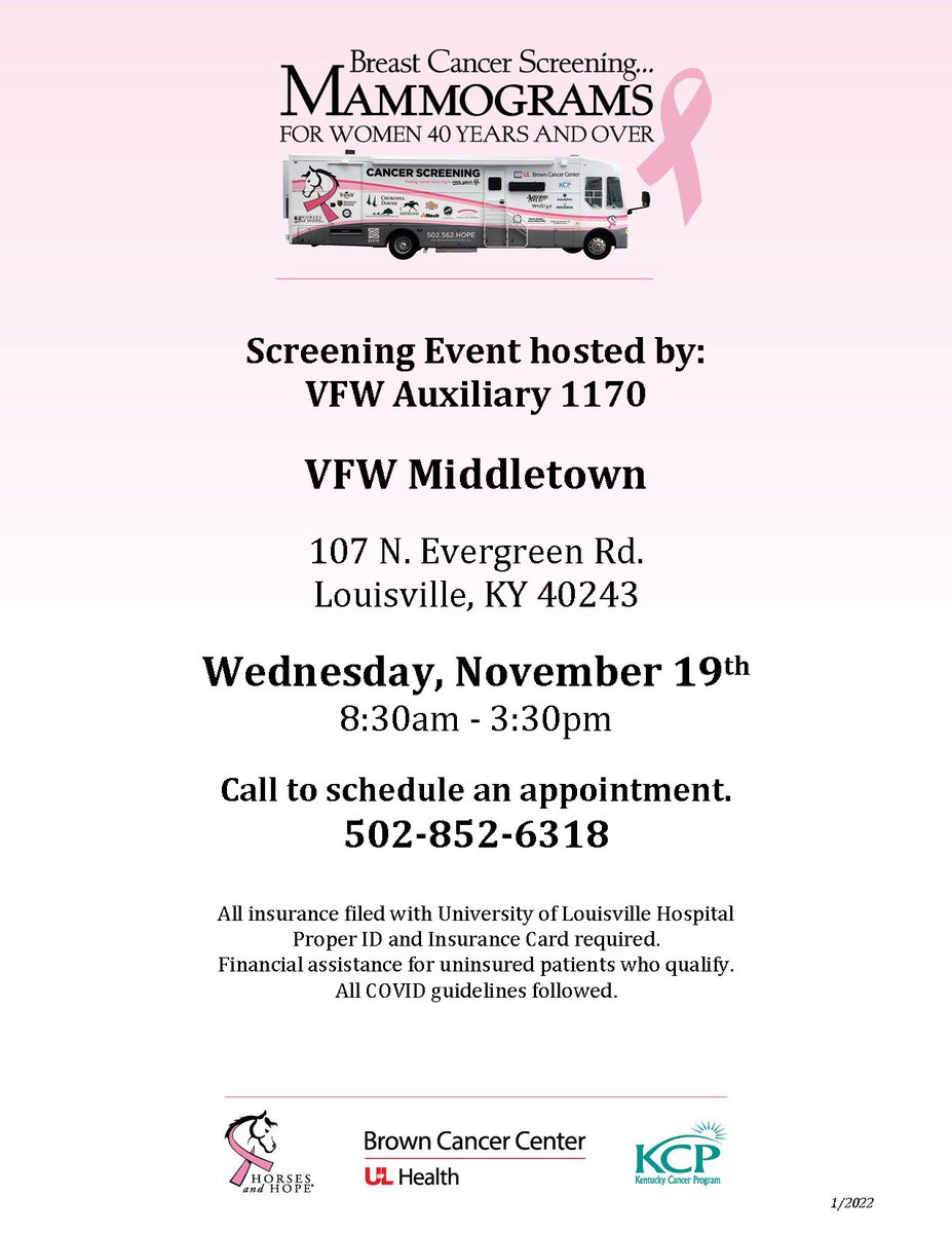 KyCancerProgram's tweet image. Mobile Mammogram Screening

Wednesday, November 19 | 8:30 AM-3:30 PM
VFW Middletown | 107 N. Evergreen Road

Call 502-852-6318 to schedule an appointment.
