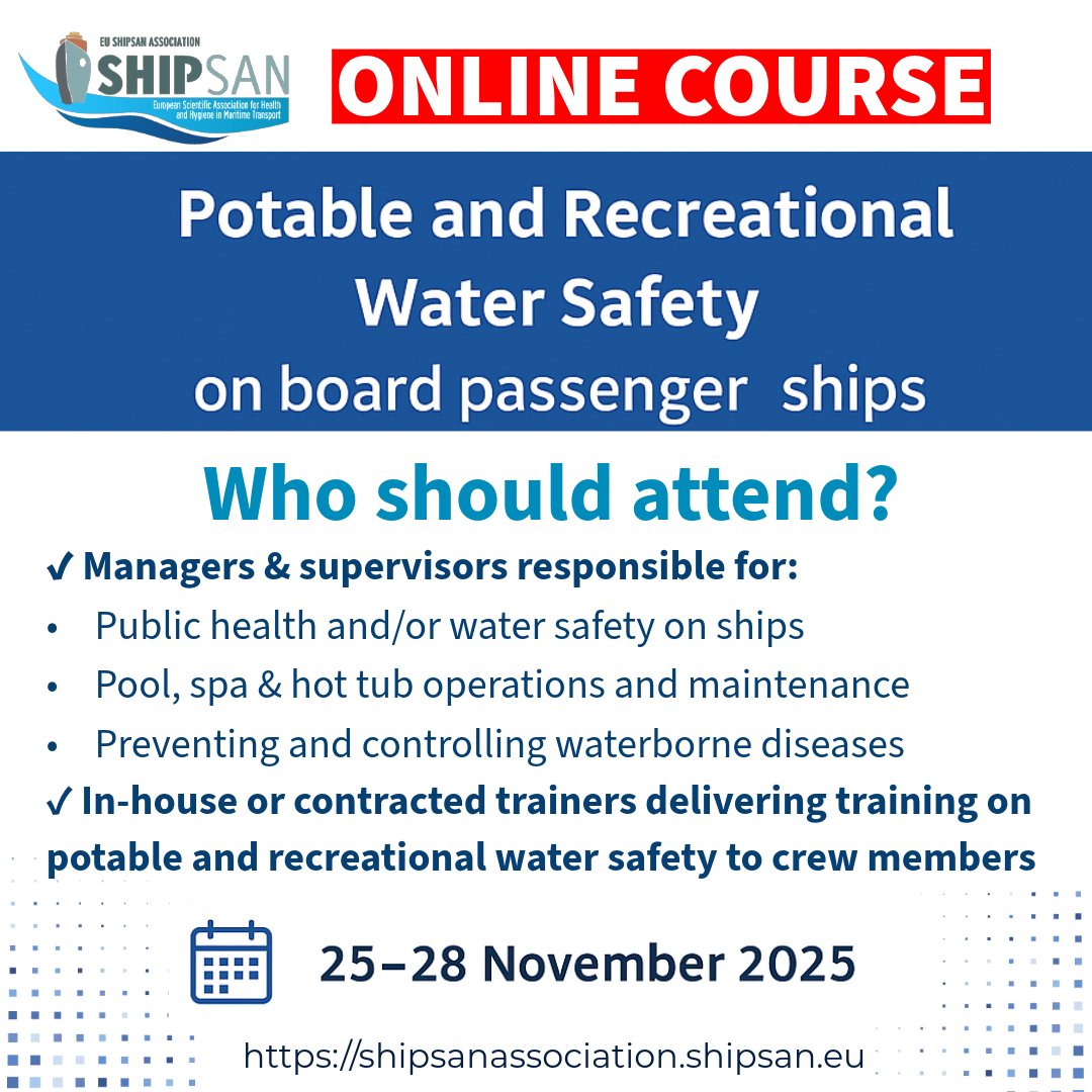 🚨 Last days to register!

💧 Potable &amp; Recreational Water Safety on Passenger Ships

📅 25–28 Nov 2025 | Online

🧾 Register: forms.med.uth.gr/index.php/7413…

📌 Deadline: 17 Nov

#shipsan #maritimetraining #waterquality #watersafety #publichealthatsea