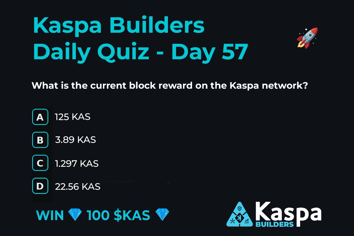 🚀 Kaspa Builders Daily Quiz Giveaway – Day 57 🚀

Win 💎 100 $KAS 💎

❓ Question of the Day:

What is the current block reward on the Kaspa network?

A) 125 KAS
B) 3.89 KAS
C) 1.297 KAS
D) 22.56 KAS

How to enter:

1️⃣ Reply with the correct answer (A/B/C/D)
2️⃣ Tag 3 friends 👥