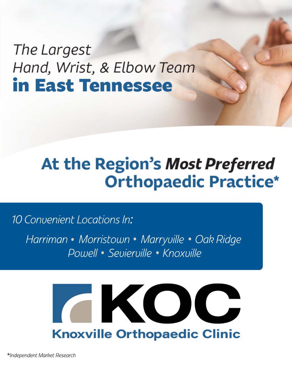 Hand, wrist &amp; elbow pain can make everyday activities difficult. You’ll find relief from the region’s largest team of 9 orthopaedic hand specialists, providing expert treatment across 10 convenient locations—with same-day appointments available. Call (865) 558-4444 to schedule.