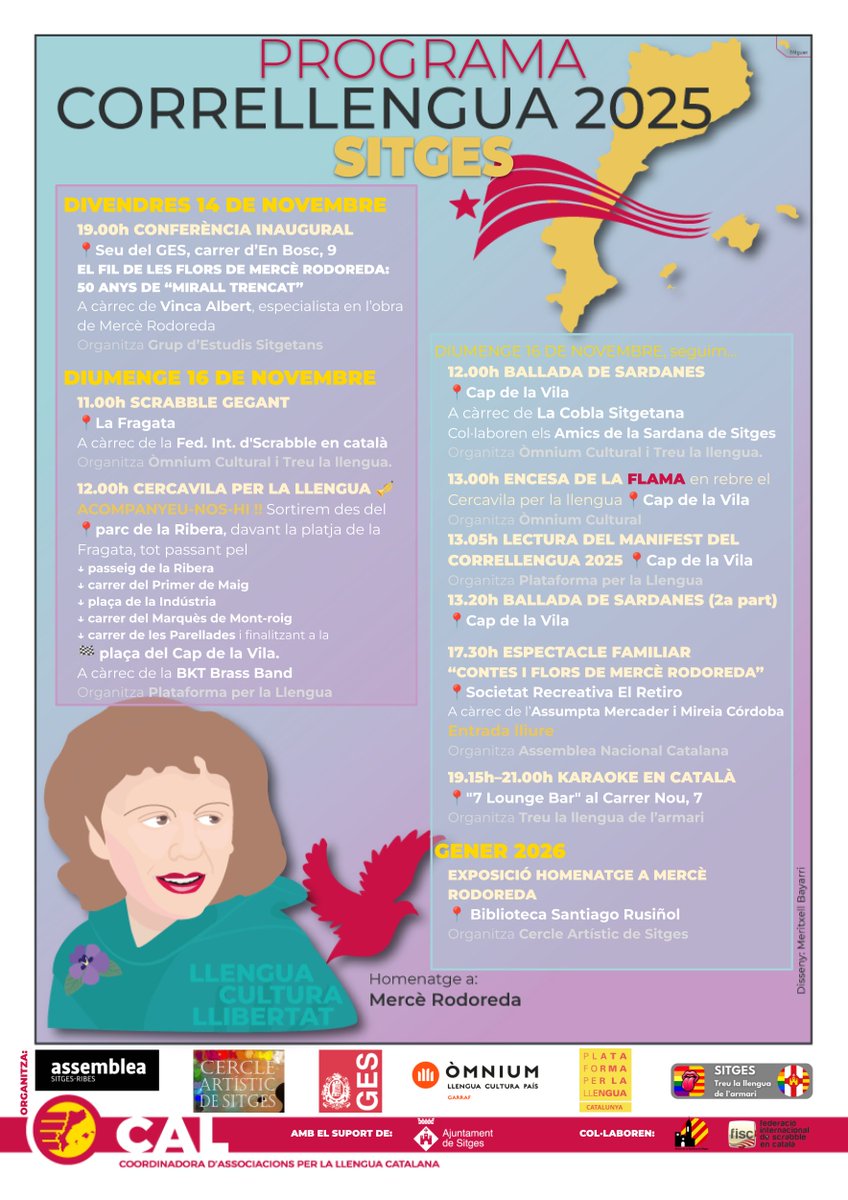 #Sitges acull avui divendres 14 i diumenge 16 de novembre el #Correllengua2025 dedicat a la #MercèRodoreda, ple d’activitats: conferència inaugural, Scrabble gegant, cercavila, sardanes, flama, lectura del manifest, espectacle familiar i karaoke en català.

💛❤️ #TreuLaLlengua