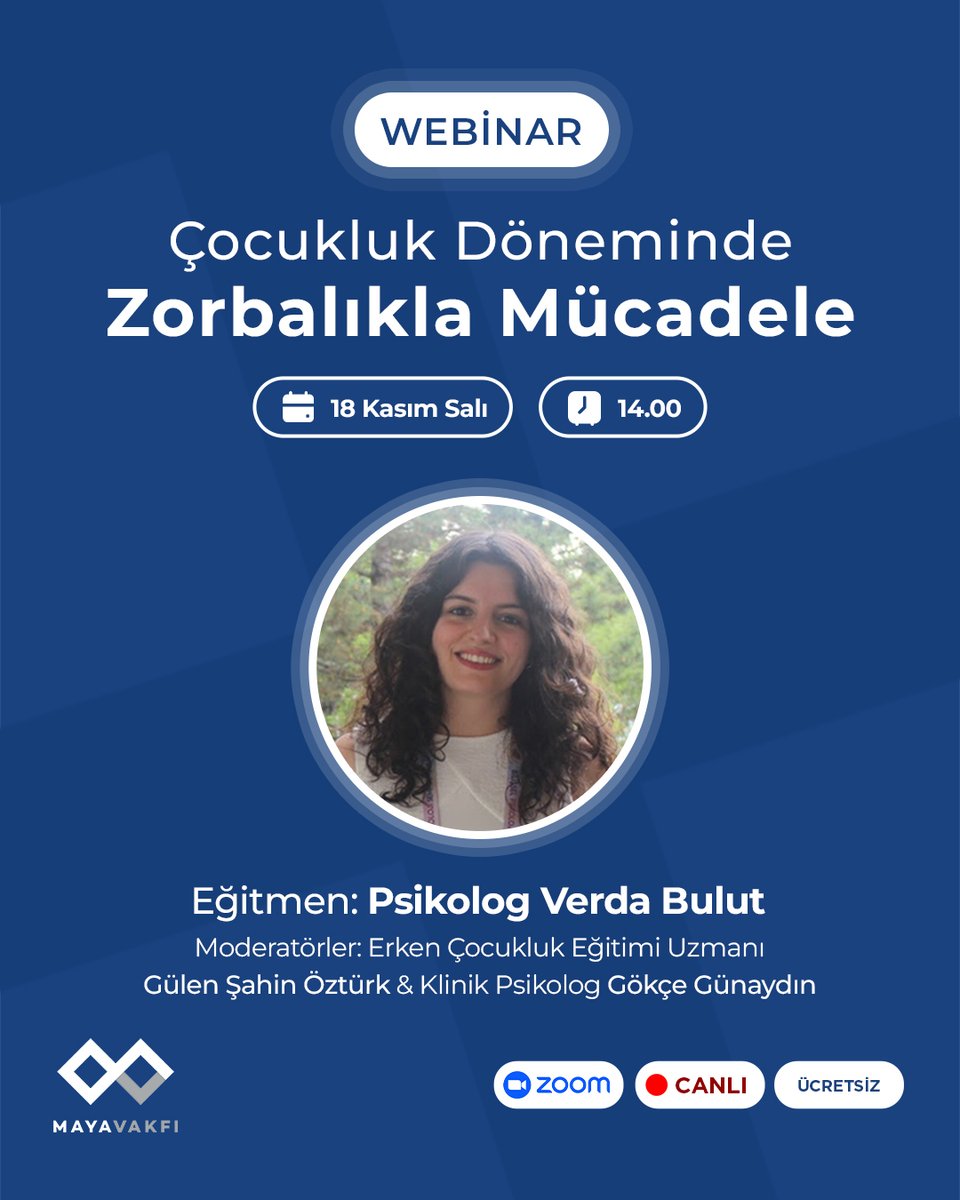 E-bebek’in düzenlediği “Çocukluk Döneminde Zorbalıkla Mücadele” başlıklı webinarda bir araya geliyoruz. 💙

Webinara katılım ücretsizdir. Etkinlik günü başvuru yapan kişilere katılım bağlantısı gönderilecektir.

Kayıt olmak için tıklayınız. 👉 bit.ly/44bdrUB