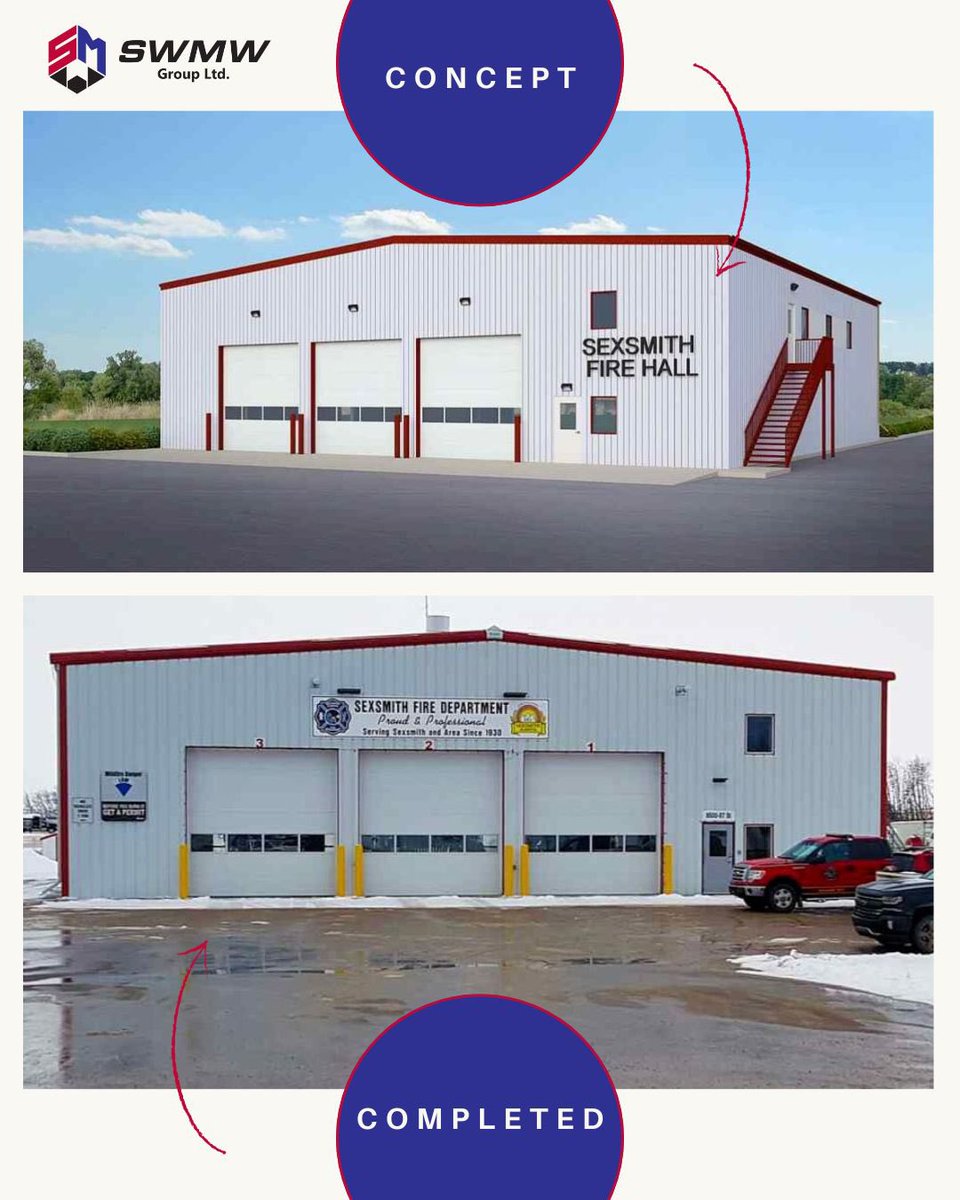 6,400 sq. ft. Sexsmith Fire Hall built for function + community—3 bays, offices, training spaces, and a wood mezzanine.