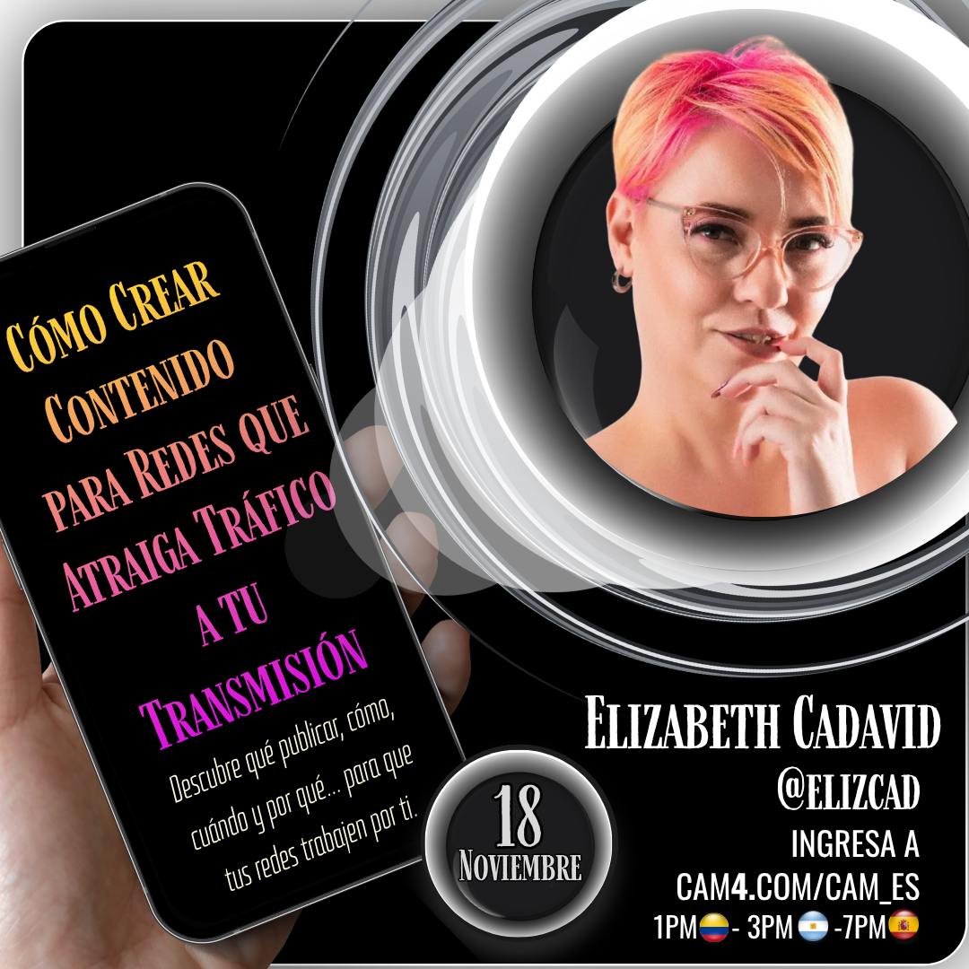 🟡𝙃𝙊𝙔 𝘼𝙋𝙍𝙀𝙉𝘿𝙀 𝙚𝙣 ᶜˡᵃˢᵉˢ 🅲🅰🅼_🅴🆂
𝘿Í𝘼 Martes 18
𝙏𝙀𝙈𝘼 Cómo crear contenido para redes que te traiga tráfico a tu transmisión
𝘾𝙊𝘼𝘾𝙃 <a href="/elizcad/">Elizabeth Cadavid | Consultora de marketing</a>

𝙀𝙉𝙏𝙍𝘼➡️cam4.es/cam_es⬅️
𝙃𝙊𝙍𝘼𝙍𝙄𝙊 1pm🇨🇴/ 3pm🇦🇷/ 7pm🇪🇸
#coaching #webcam <a href="/Cam4_ES/">CAM4 en Español (+18)</a> <a href="/Lila_c4/">Lila</a>
