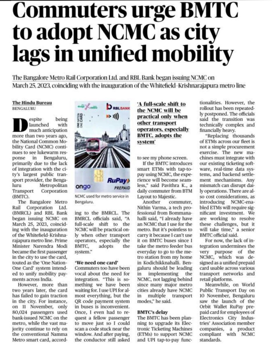 RiseBengaluru's tweet photo. BMTC commuters urge NCMC adoption while Orbit Wallet leads in E-City

Commuters want unified mobility: One card for metro, buses, and retail

BMRCL adopted NCMC in March 2023

E-City pilot (Orbit Card): Live now

Full BMTC: Awaited

#BengaluruMobility #NCMC #PublicTransport https://t.co/KXQvHkFu9Z
