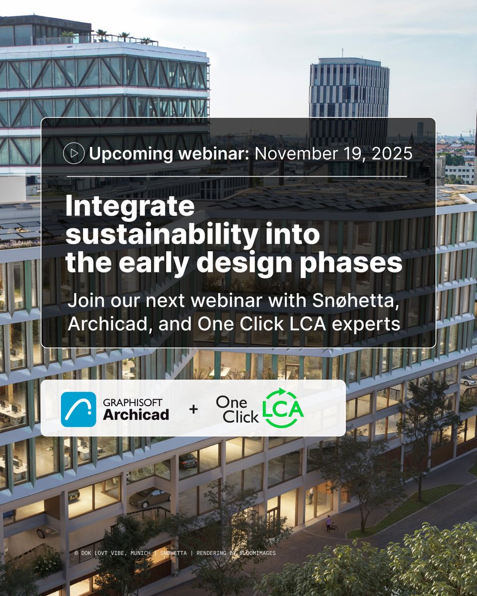 GraphisoftUK's tweet image. 🌱 How do top architects design sustainably from the start?
Join our webinar with Snøhetta’s Martina Maier + experts from Archicad &amp;amp; One Click LCA to learn how early design decisions can drive better energy performance.
📅 Nov 19 | 🕑 11:00–12:00 GMT
🔗 bit.ly/4qTXJqJ