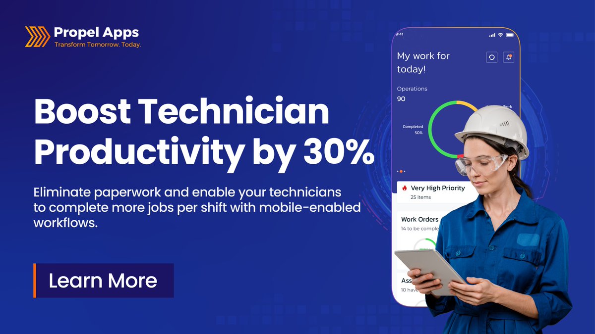 PropelApps's tweet photo. Value Proposition #1: Boost Technician Productivity by 30%.

With Propel Apps’ Mobile Maintenance Solution, technicians get instant access to work orders, asset data, and digital checklists—anywhere, anytime.

Learn more →
https://t.co/tRoD0LfJvh https://t.co/kegP1Axq2n