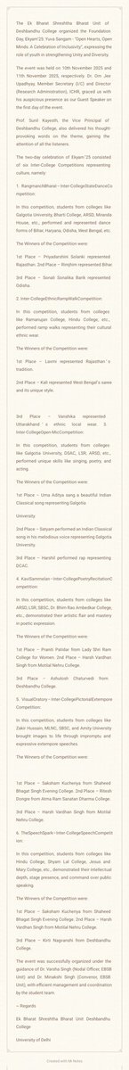 The <a href="/EBSB_Edumin/">Ek Bharat Shreshtha Bharat</a> unit organized the Foundation Day, Ekyam’25: Yuva Sangam-“Open Hearts, Open Minds: A Celebration of Inclusivity”, expressing the role of youth in strengthening Unity and Diversity.
The event was held on 10th November 2025 and 11th November 2025, respectively...