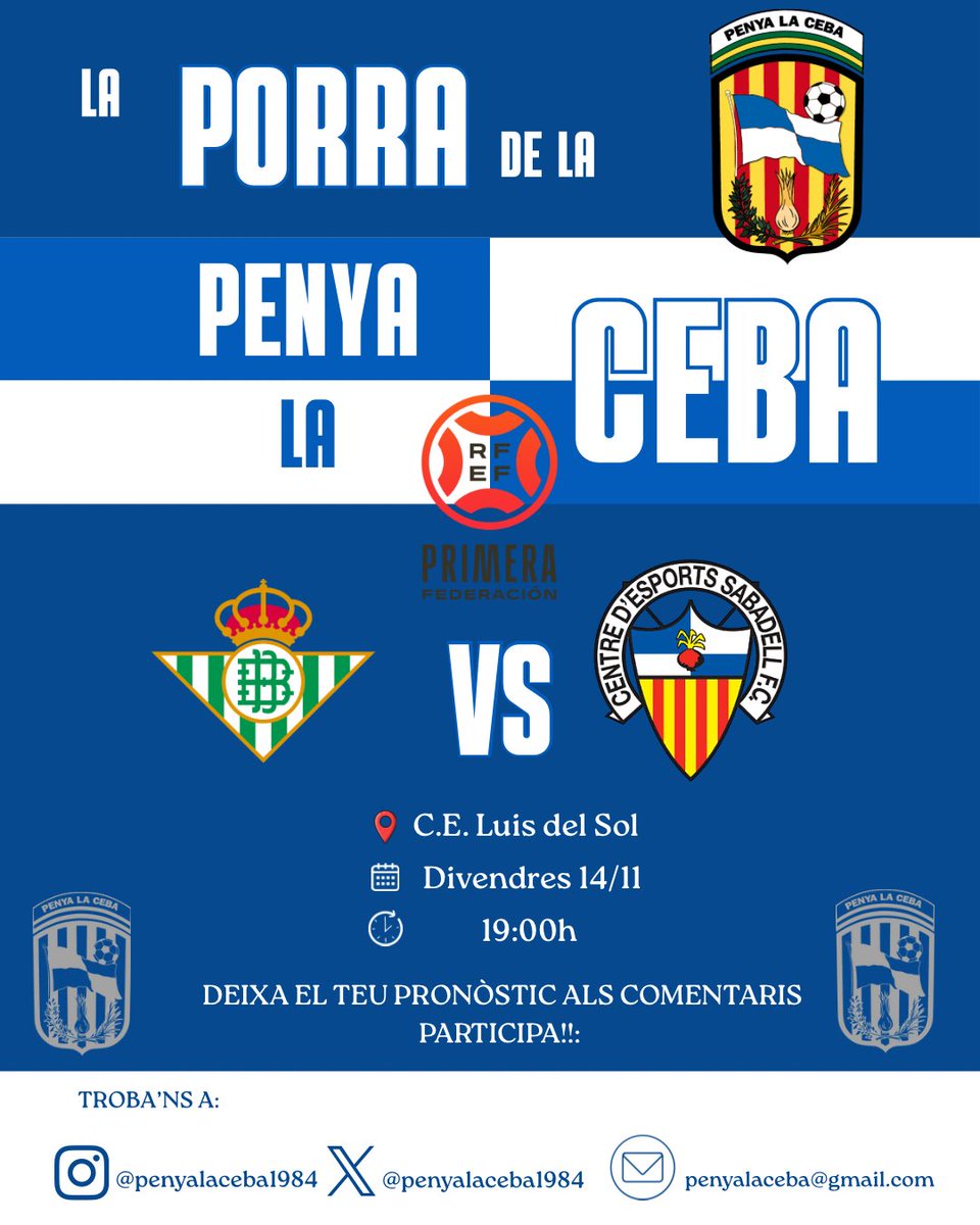 🙌🏻LA PORRA DE LA PENYA LA CEBA🧅💙🤍

AVUI visitem la C.E Luis del Sol per enfrontar-nos al  Betis Deportivo⚔️

Deixa el teu pronòstic als comentaris 👇
Encertaràs el resultat o t’enduràs una ceba? 🧅😜

Amb TOT arlquinats!💪🏻💪🏻

#SomLaCeba