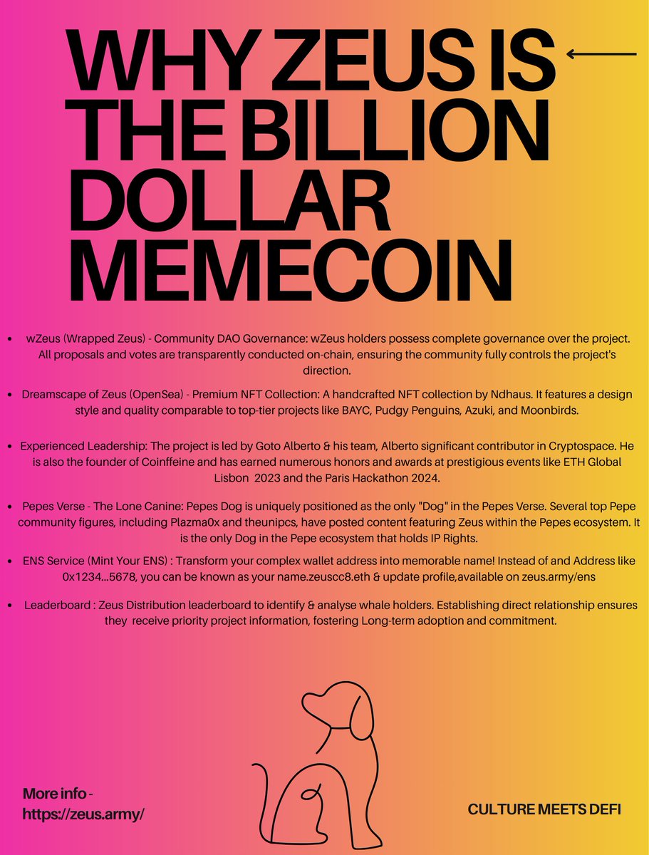 pepeguyy's tweet image. Why $Zeus is the Billion Dollar Memecoin.

It is the only dog in the $Pepe ecosystem that holds IP Rights, implements DAO Governance, &amp;amp; provides an ENS service.

Where Culture meets Decentralized Finance (DEFI)

CA : 0x0f7dC5D02CC1E1f5Ee47854d534D332A1081cCC8

Follow : @cc8cto 🐕