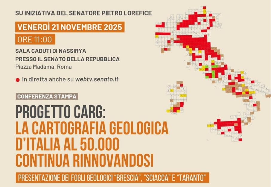 📣 Venerdì 21/11 al <a href="/SenatoStampa/">Senato Repubblica</a> saranno presentati i Fogli Geologici Sciacca, Brescia e Taranto, realizzati dal Progetto #CARG coordinato da ISPRA.

▶️ Sarà possibile seguire l'evento in diretta streaming sulla WebTv del Senato.

isprambiente.gov.it/it/news/proget…