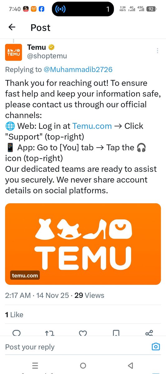 Muhammadib2726's tweet image. TEMU also asked me to send details in their inbox. I sent the full explanation, but after that they simply stopped responding.
They are wasting my time without resolving anything."

#TEMUFraud #CustomerSupportFailure #EcommerceScam