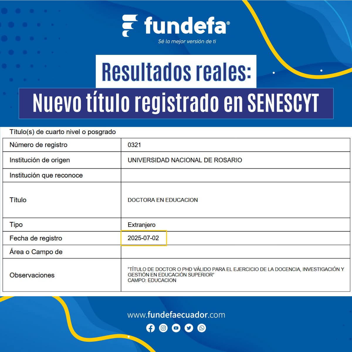 fundefa's tweet image. Cada nuevo título registrado en 𝑺𝑬𝑵𝑬𝑺𝑪𝒀𝑻 demuestra nuestro compromiso con una formación internacional real, seria y con validez oficial en Ecuador.

📲 Solicita un asesor: bit.ly/4iJAkV5