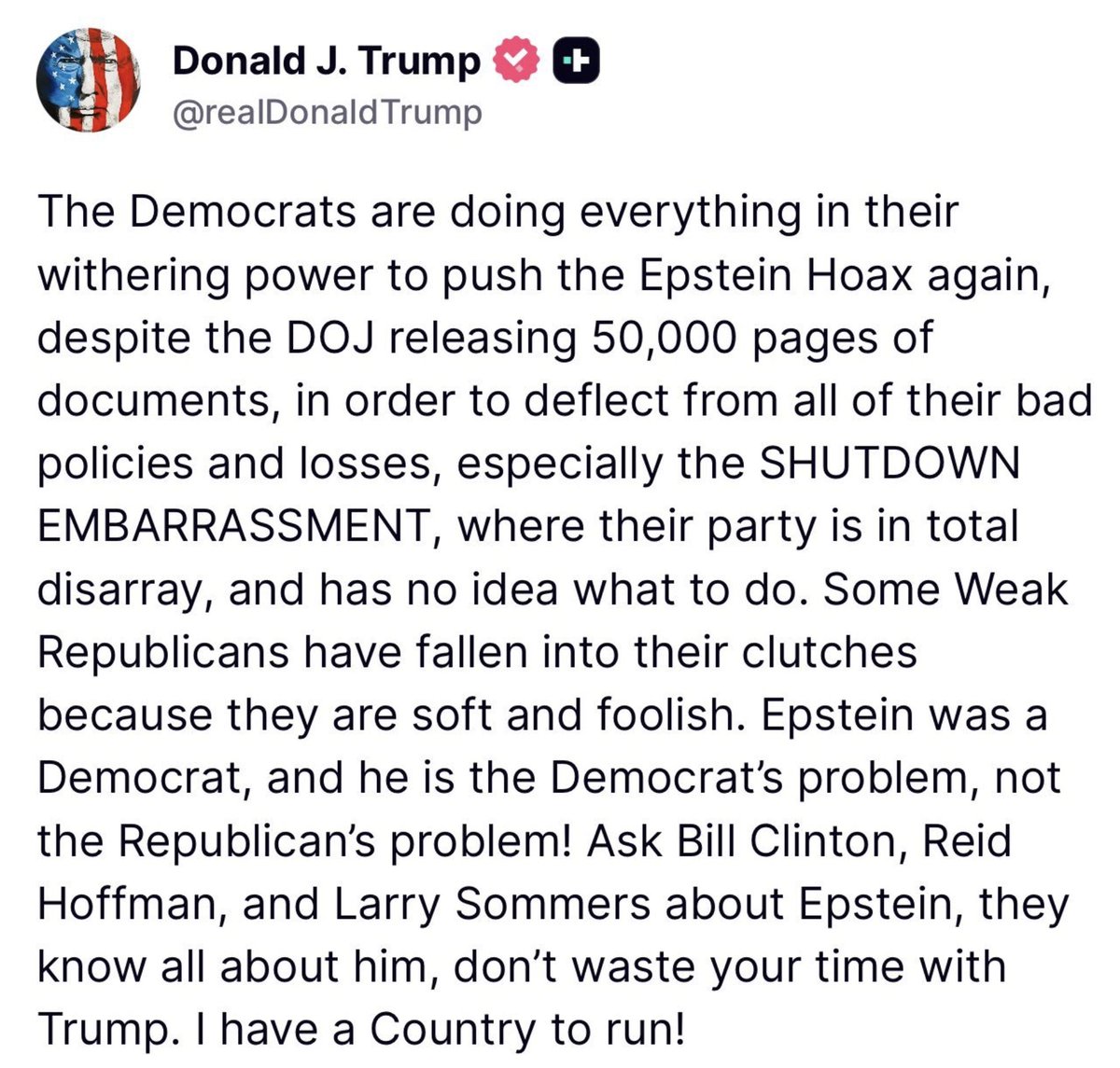 krassenstein's tweet image. BREAKING:  Trump is a panicken 

He claims that &quot;Epstein was a Democrat and is a Democrat Problem, not a Republican problem.&quot;

FACT: Jeffrey Epstein was not publicly affiliated with any political party, and there’s no record of him being a registered Democrat or Republican at the…