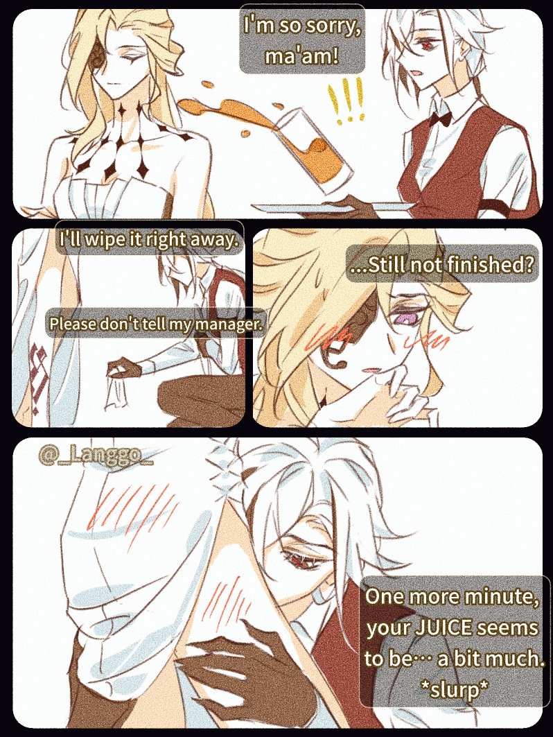 The clumsy waitress accidentally spilled juice on the customer.
#yuri #Genshin #arlecchino #Signora #arlenora