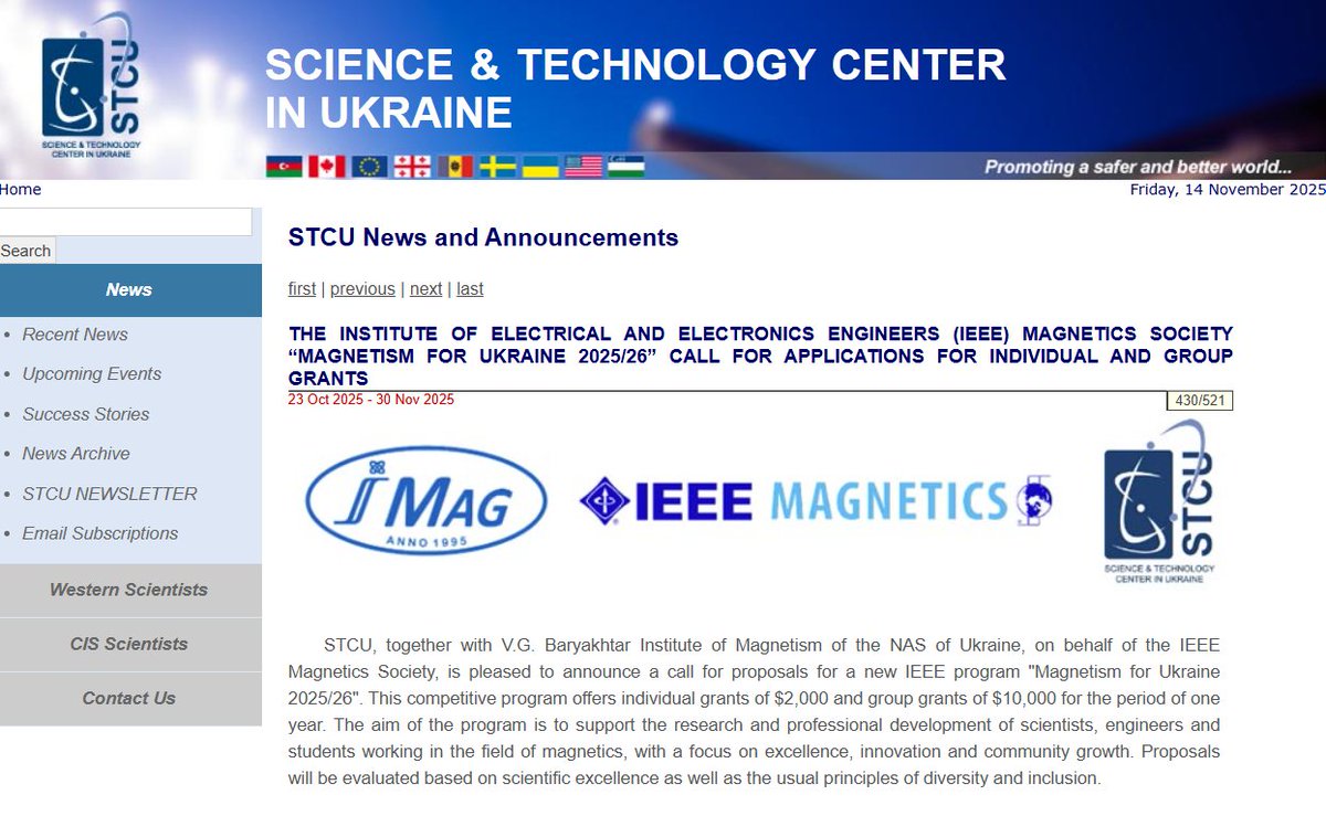 SAR_Europe's tweet photo. Funding opportunity for researchers in Ukraine 🇺🇦 

The Science &amp; Technology Center in Ukraine, together with the National Academy of Sciences of Ukraine, has announced the 'Magnetism for Ukraine 2025/26' program.

🔵https://t.co/9CbTEEfBXj

🟡Deadline is 30 Nov https://t.co/IqIXP62VDk