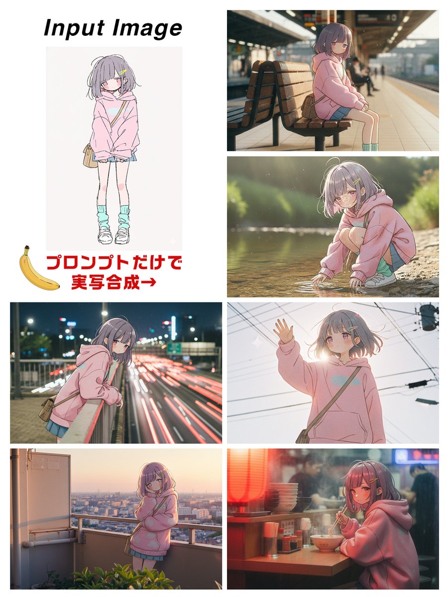 【実写アニメ合成のやり方】
今回のMVでは合成にnano bananaを使用したんですが、全て「１枚の立ち絵」を元にプロンプトのみでカット作成しています。