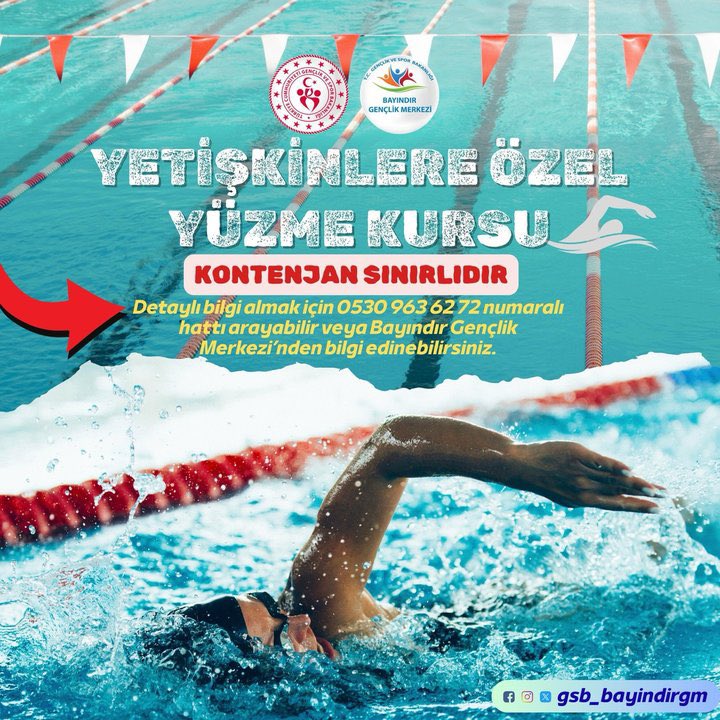 Yüzme Bilmeyen Kalmasın…
Yetişkinlere Özel Yüzme Kayıtlarımız başladı. 🏊‍♀️

☎️ Detaylı Bilgi için 0530 963 6272 nolu telefondan bilgi veya,
📍Başvuru ve Kayıt için; Yüzme Havuzuna gidebilirsiniz.