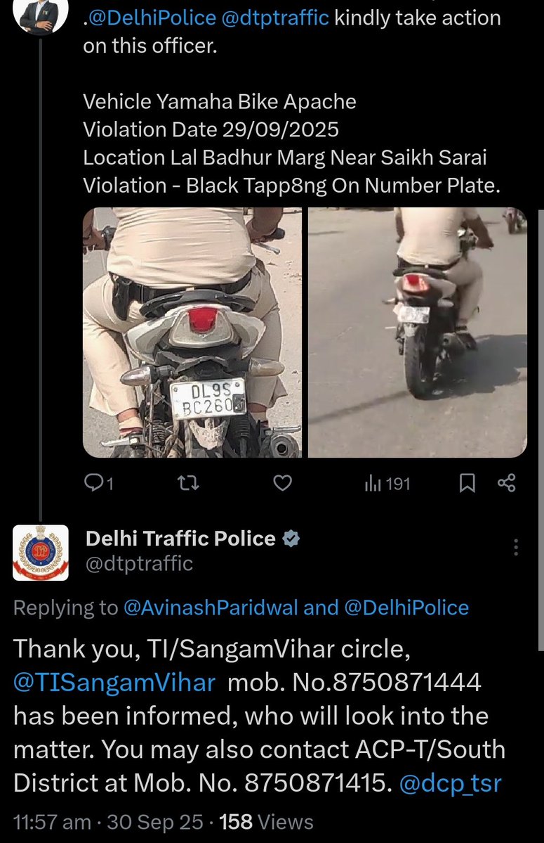 AvinashParidwal's tweet image. .@DelhiPolice @dtptraffic @TISangamVihar @dcp_tsr since sep . 09 no action taken on police cop 

Why??? @HMOIndia @ashishsood_bjp
@RamvirBidhuri @CPDelhi
Vehicle TVS Bike Apache
Violation Date 29/09/25
Location L.B.Marg Near Saikh Sarai
Violation - Black Tapping On Number Plate.