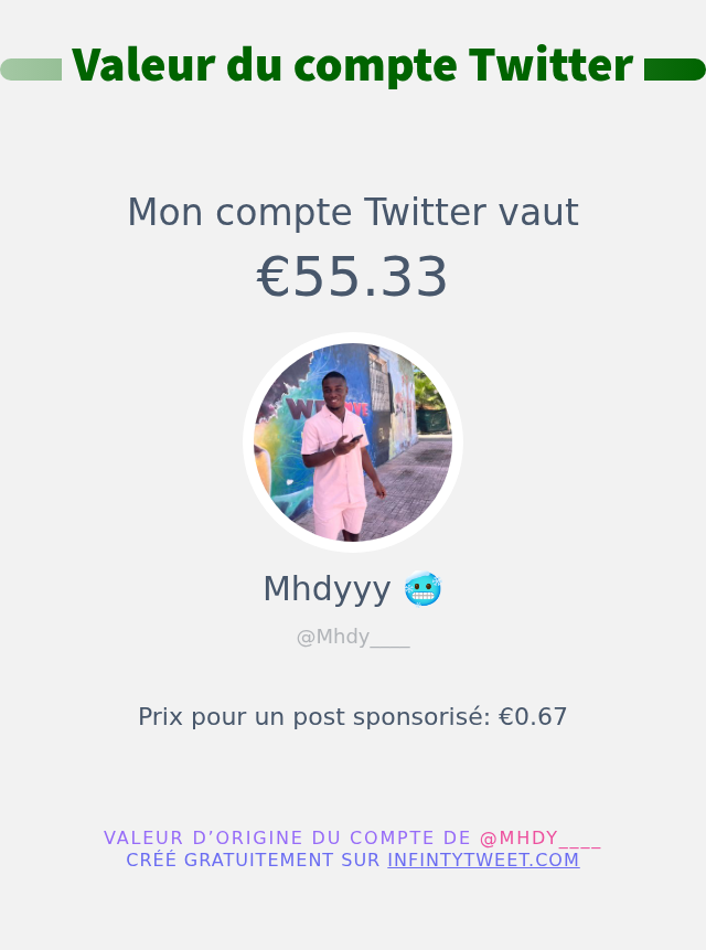 Mhdy____'s tweet photo. Mon twitter vaut: €55.33

➡️ https://t.co/UBMfeDs8Pe https://t.co/PdtkuCNWUX