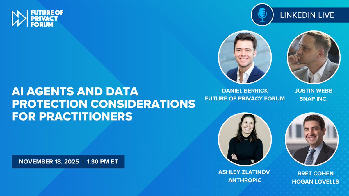 futureofprivacy's tweet image. Join us on Tuesday, November 18th at 1:30 pm ET for a #LinkedInLive discussing AI agents and data protection considerations practitioners should consider when designing and deploying these systems.
linkedin.com/feed/update/ur…