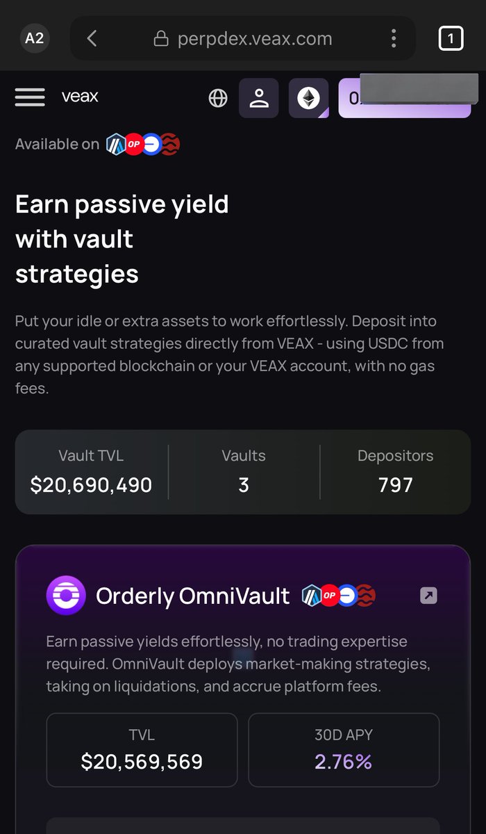 VAULTS 

Are you a lover of passive yield? Then this section has got you covered. This is a seamless process you can deposit and subscribe into any curated vault strategies directly from VEAX using USDC from supported chains.

Veax vaults has over $20,000,000 total value locked,