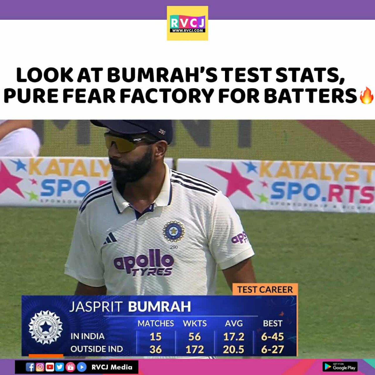 RVCJ_Sports's tweet photo. Bumrahโs stats say it allโbatsmen beware, the fear factory is always open when heโs on the pitch! ๐ฅ๐ฅ
#JaspritBumrah #TestCricket #BowlingKing #FearFactory #WicketMachine #CricketLegend #TeamIndia #IndiaCricket #PaceSensation #BumrahStats #CricketFever #RVCJMedia #FastBowler https://t.co/5RxOt5TEUW