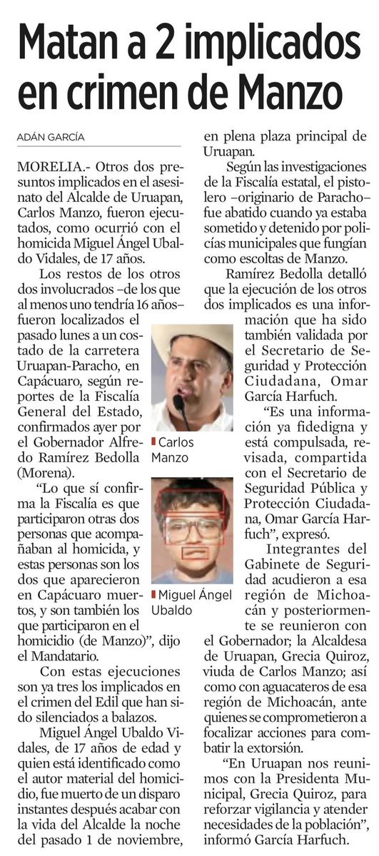 Matan a 2 implicados en el crimen de Carlos Manzo

El autor material, un joven de 17 años, también fue ejecutado el día de los hechos

Las balas van callando a los involucrados

📷 Reforma