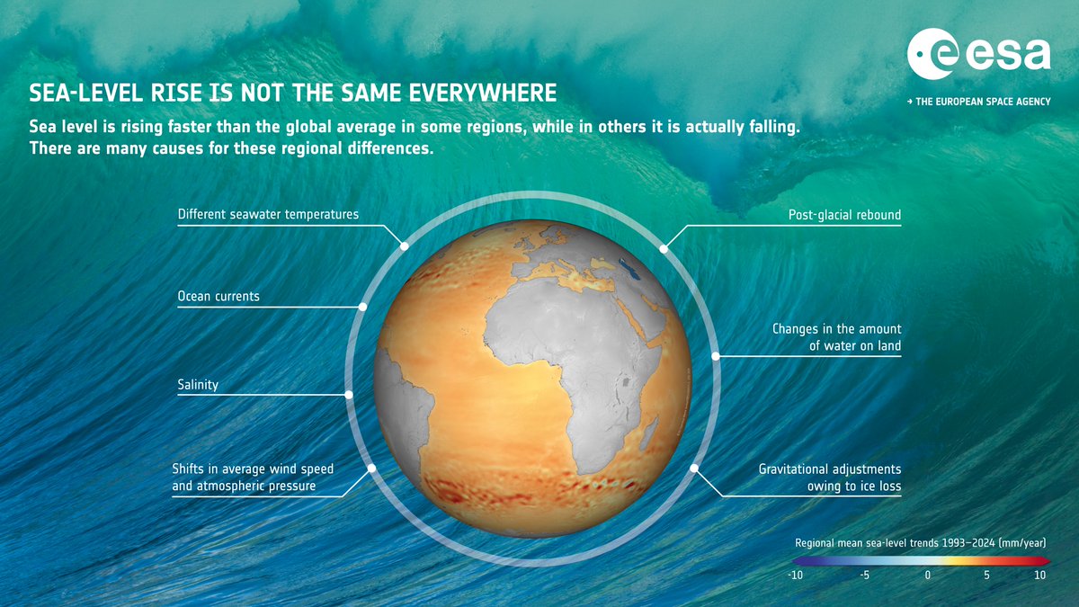 Sea-level rise is not the same everywhere.
Local variations depend on factors like currents, seawater temperatures, salinity and even gravitational adjustments owing to ice loss.

<a href="/CopernicusEU/">Copernicus EU</a> Sentinel-6B, set to launch on 17 November, will help map these differences with high