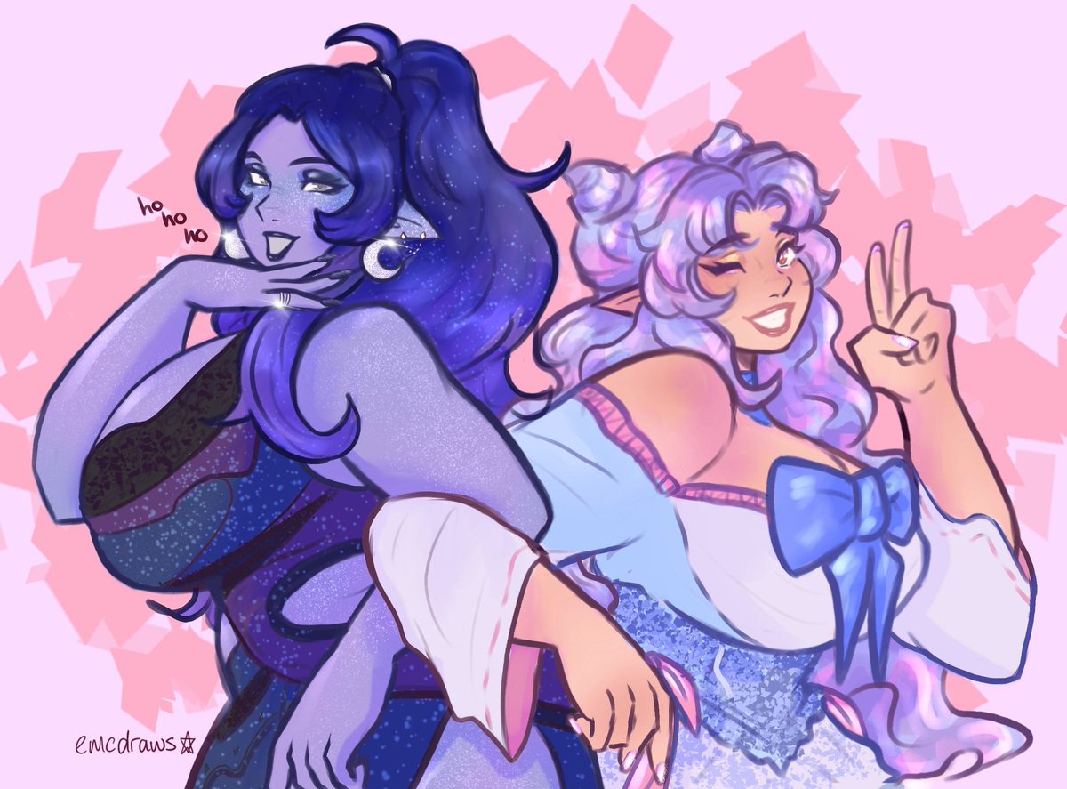 emcdraws's tweet photo. Prepare for trouble... make it double!
Just two lunar sorcerers hanging out... 

Another gift for a friend!

#dnd5e #ocs #digitalart https://t.co/pO9LA5A9Z1