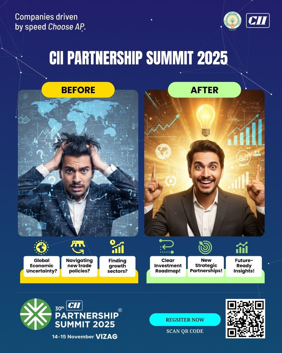 APOfficialNews's tweet image. Global markets confusing? New trade rules changing?
Stop guessing. Start growing. 🚀

Meet clarity at CII Partnership Summit 2025, Vizag—Nov 14–15.
Roadmaps, partnerships, future-ready insights.
Companies driven by speed #ChooseAP.

#StopGuessingStartGrowing #CII2025 #VizagSummit