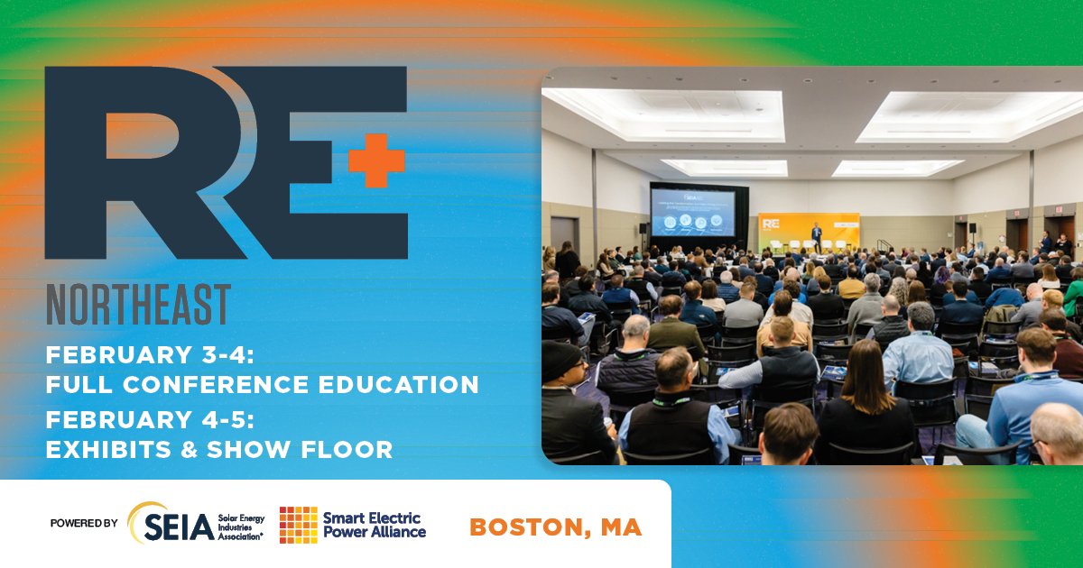 REPlusEvents's tweet image. We&apos;re presenting a new, updated format for RE+ Northeast 2026, curated to help you maximize your learning &amp;amp; connection! Full Conference edu. will begin Tues, Feb. 3, &amp;amp; exhibits starting on Wed, Feb. 4. 

Learn more &amp;amp; register today! bit.ly/495YRky

#REPlusNE #CleanEnergy