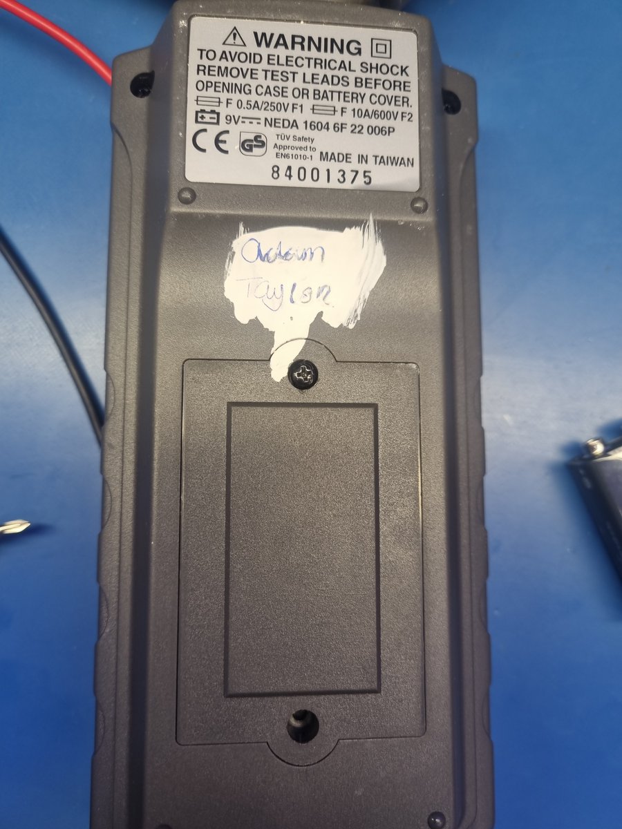 ATaylorFPGA's tweet image. Just had to change the 9V battery in my multimeter. I bought this literally last century when I was doing my degree. The tipex and my name written on was in case it went wondering in the uni lab.