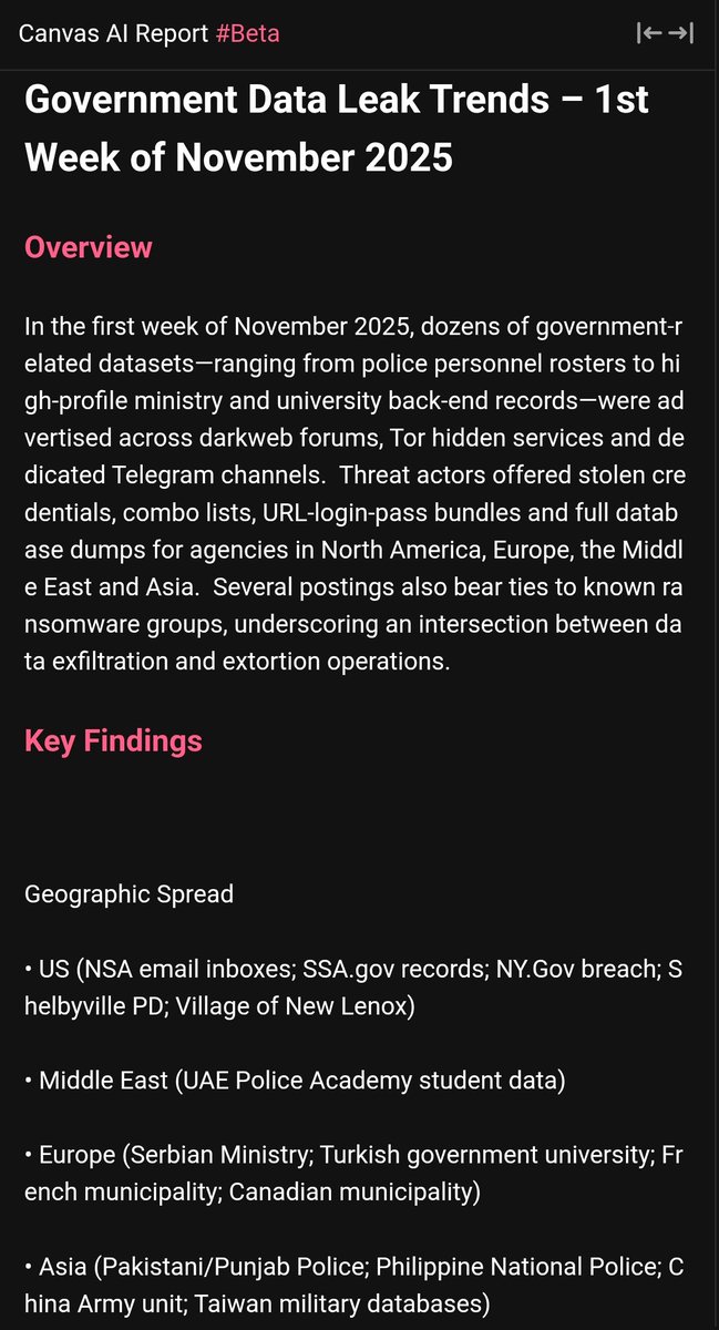 stealthmole_int's tweet image. Government Data Leak Trends – 1st Week of November 2025

In the first week of November 2025, dozens of government‐related datasets—ranging from police personnel rosters to high-profile ministry and university back-end records—were advertised across darkweb forums, Tor hidden…