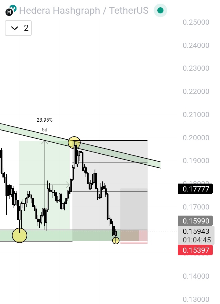 If the CT market recovers, $Hbar will be the rising star

Currently sitting at its strong support and I really think that it could reach at least $0.1780

This small risk is really worth taking 

1:3 RR if the trade succeeds

If we lost that level then $0.14 won't be surprising