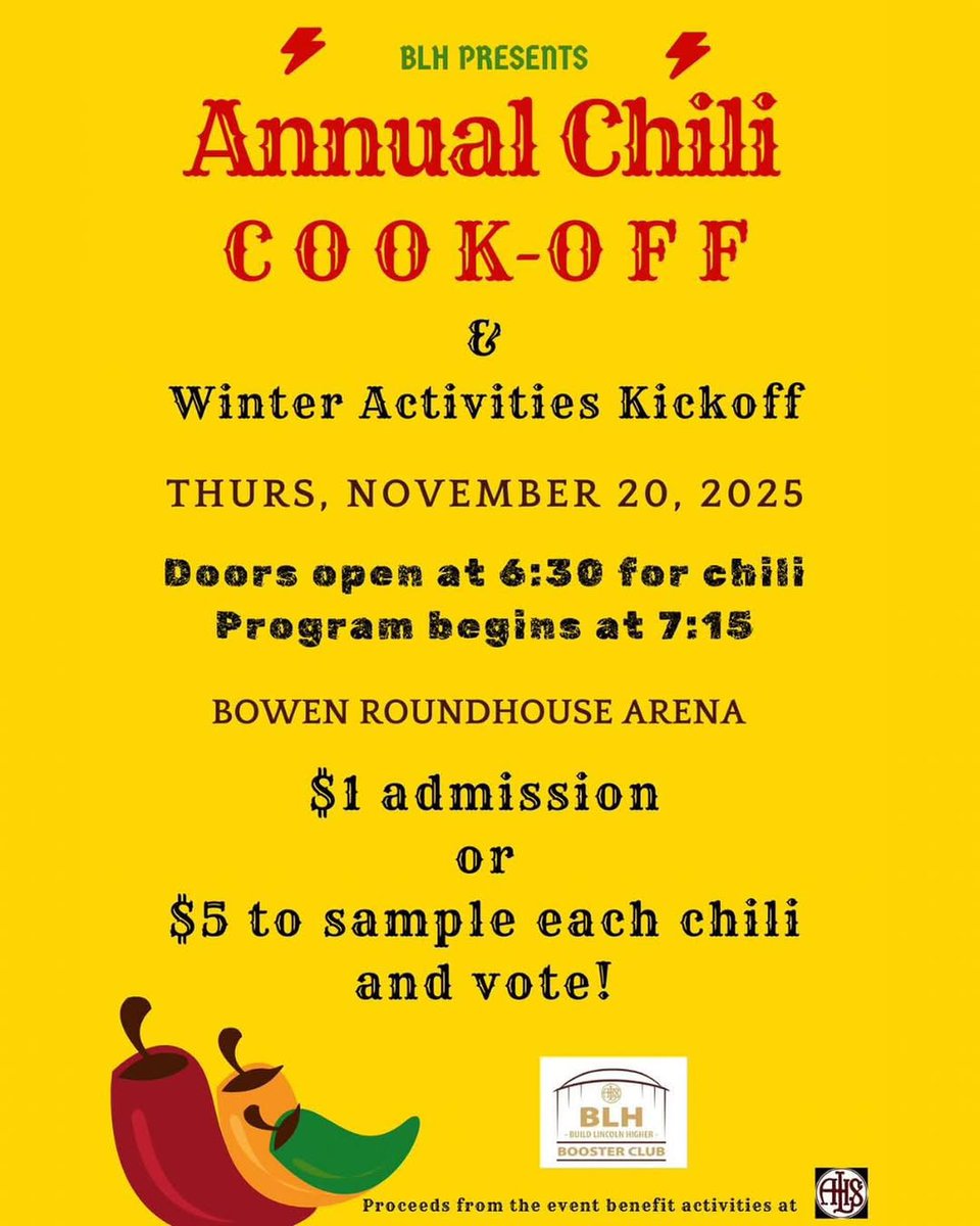 🔥 Join us for the Annual Chili Cook-Off and Winter Activities Kickoff on November 20 at the Bowen Roundhouse Arena. Doors open at 6:30. Come taste, vote, and enjoy a fun night supporting BLH! 🌶️🎉