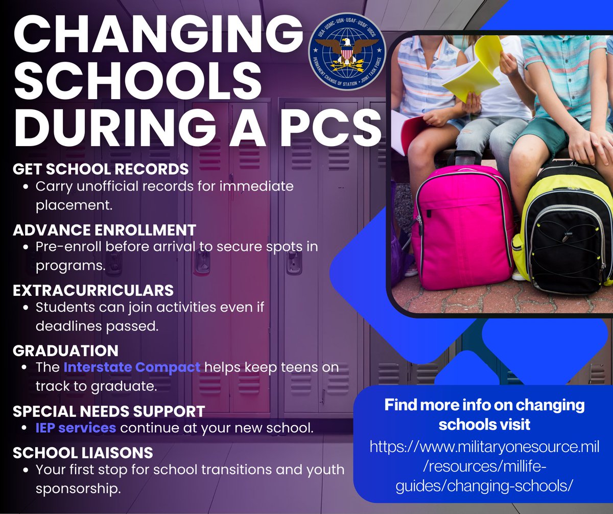 📚✈️ PCS moves can be tough on kids and teens. Make the transition smoother by carrying school records, pre-enrolling, getting them back into activities, staying on track for graduation, and leaning on school liaisons for support.
Learn more: militaryonesource.mil/resources/mill…