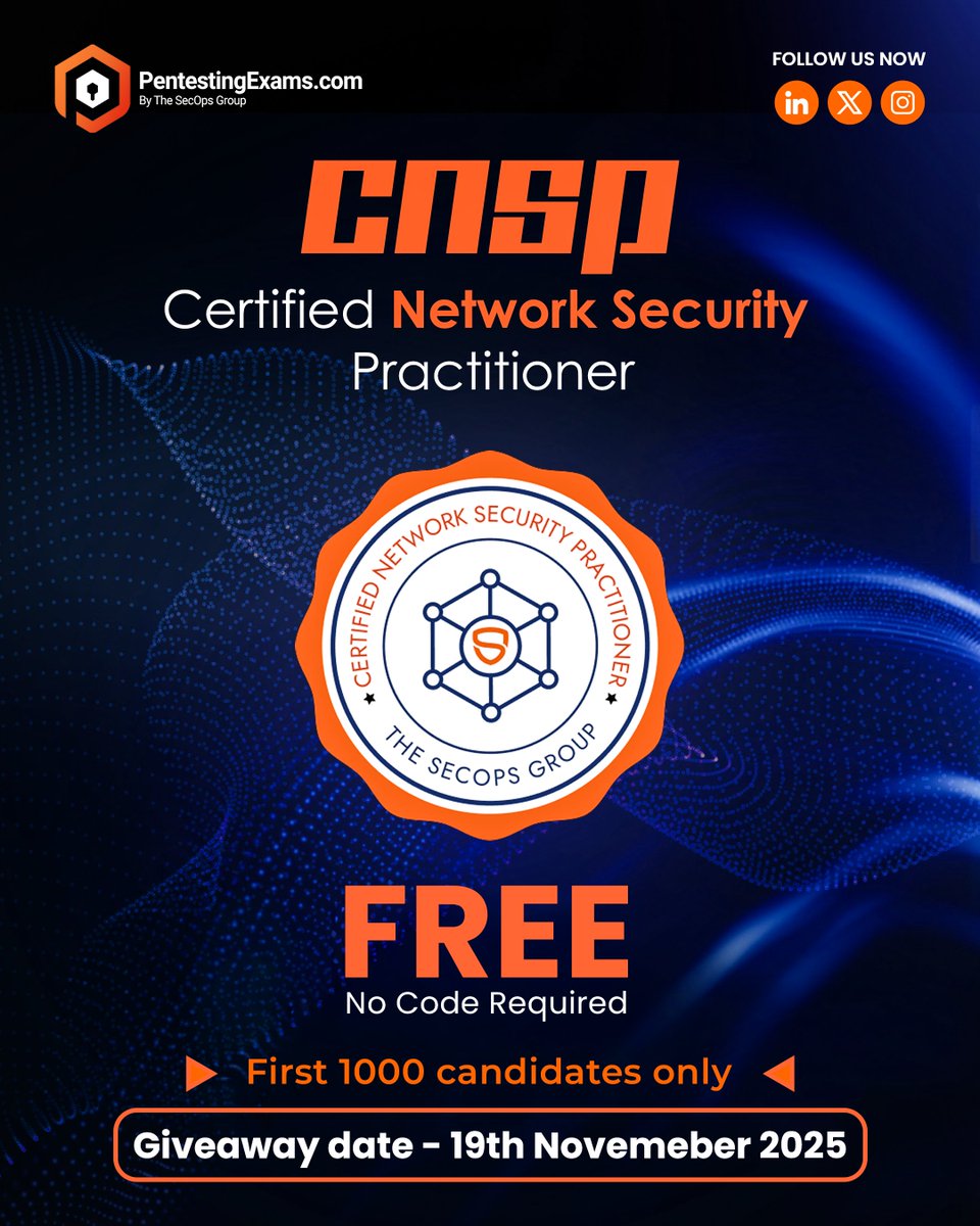 TheSecOpsGroup's tweet image. 🚨📢 𝗧𝗵𝗲 𝗙𝗿𝗲𝗲 𝗖𝗡𝗦𝗣 𝗚𝗶𝘃𝗲𝗮𝘄𝗮𝘆 𝗶𝘀 𝗱𝗿𝗼𝗽𝗽𝗶𝗻𝗴 𝗼𝗻 𝟭𝟵𝘁𝗵 𝗡𝗼𝘃𝗲𝗺𝗯𝗲𝗿 𝟮𝟬𝟮𝟱! 𝗥𝗲𝗮𝗱 👇🏽

For the first 𝟭,𝟬𝟬𝟬 𝘂𝘀𝗲𝗿𝘀 𝗼𝗻𝗹𝘆, and for a 𝗹𝗶𝗺𝗶𝘁𝗲𝗱 𝘁𝗶𝗺𝗲, we are offering free access to our 𝗖𝗡𝗦𝗣 – Network Security Practitioner…