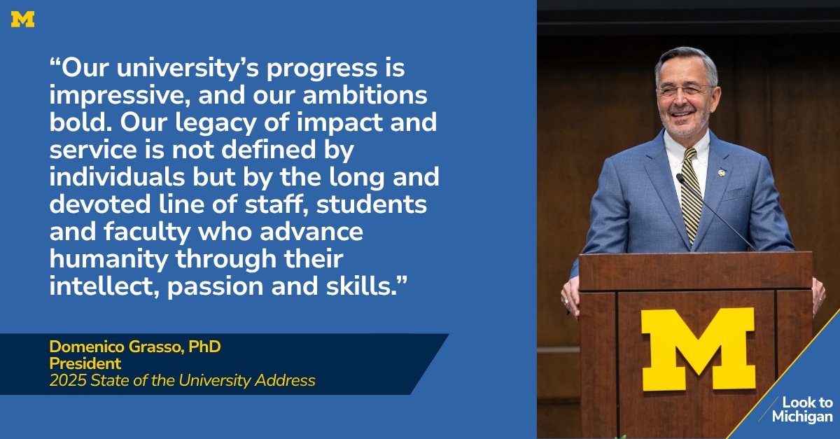 In his State of the University address on Thursday, President Domenico Grasso celebrated numerous university successes while also unveiling several ambitious projects to strengthen U-M’s responsibility to serve the public good. myumi.ch/W6Z5n #LookToMichigan #GoBlue