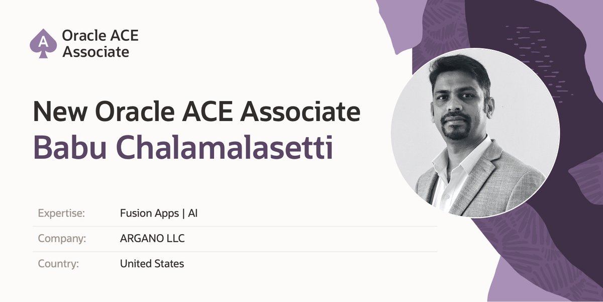 oracleace's tweet image. 🎉 Thrilled to welcome Babu Chalamalasetti as a new #OracleACE Associate!
🌍 With 20+ years leading global Oracle ERP projects and active leadership in #OAIUG, Babu is passionate about AI-driven enterprise automation and innovation.
🔗 Learn more: social.ora.cl/60107ZgGw